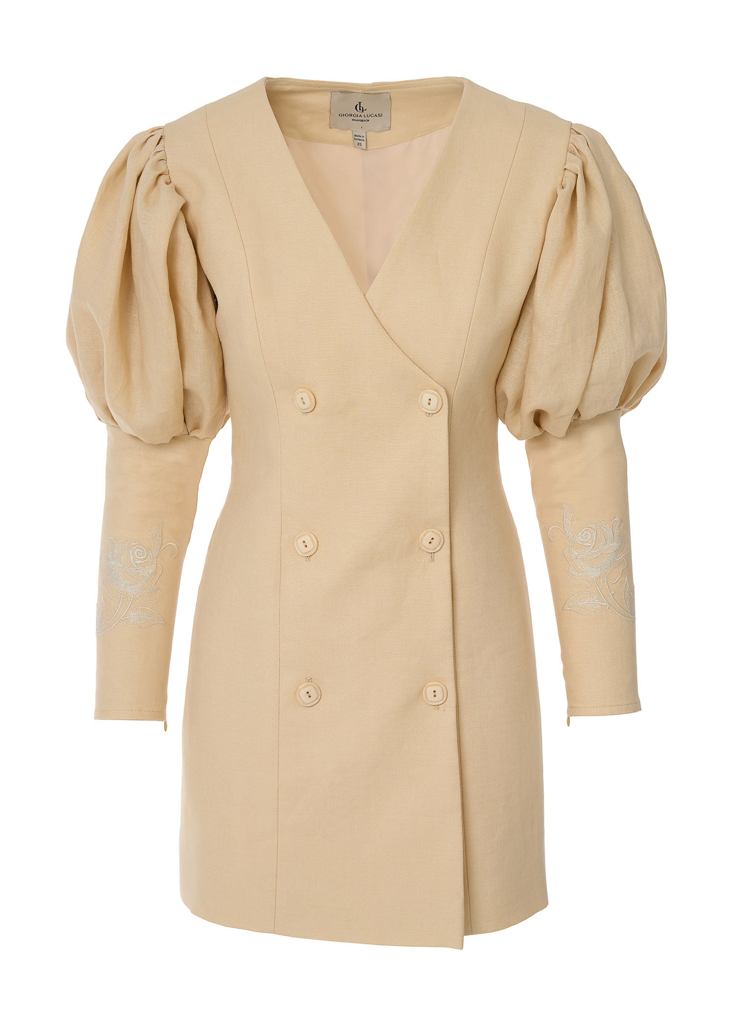 Rose Embroidered Linen Blazer Dress - Beige - GIORGIA LUCASI