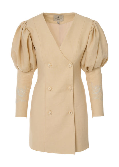 Rose Embroidered Linen Blazer Dress - Beige - GIORGIA LUCASI