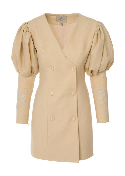 Rose Embroidered Linen Blazer Dress - Beige - GIORGIA LUCASI
