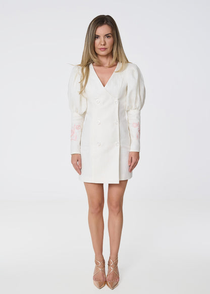 Rose Embroidered Linen Blazer Dress - Ivory - GIORGIA LUCASI