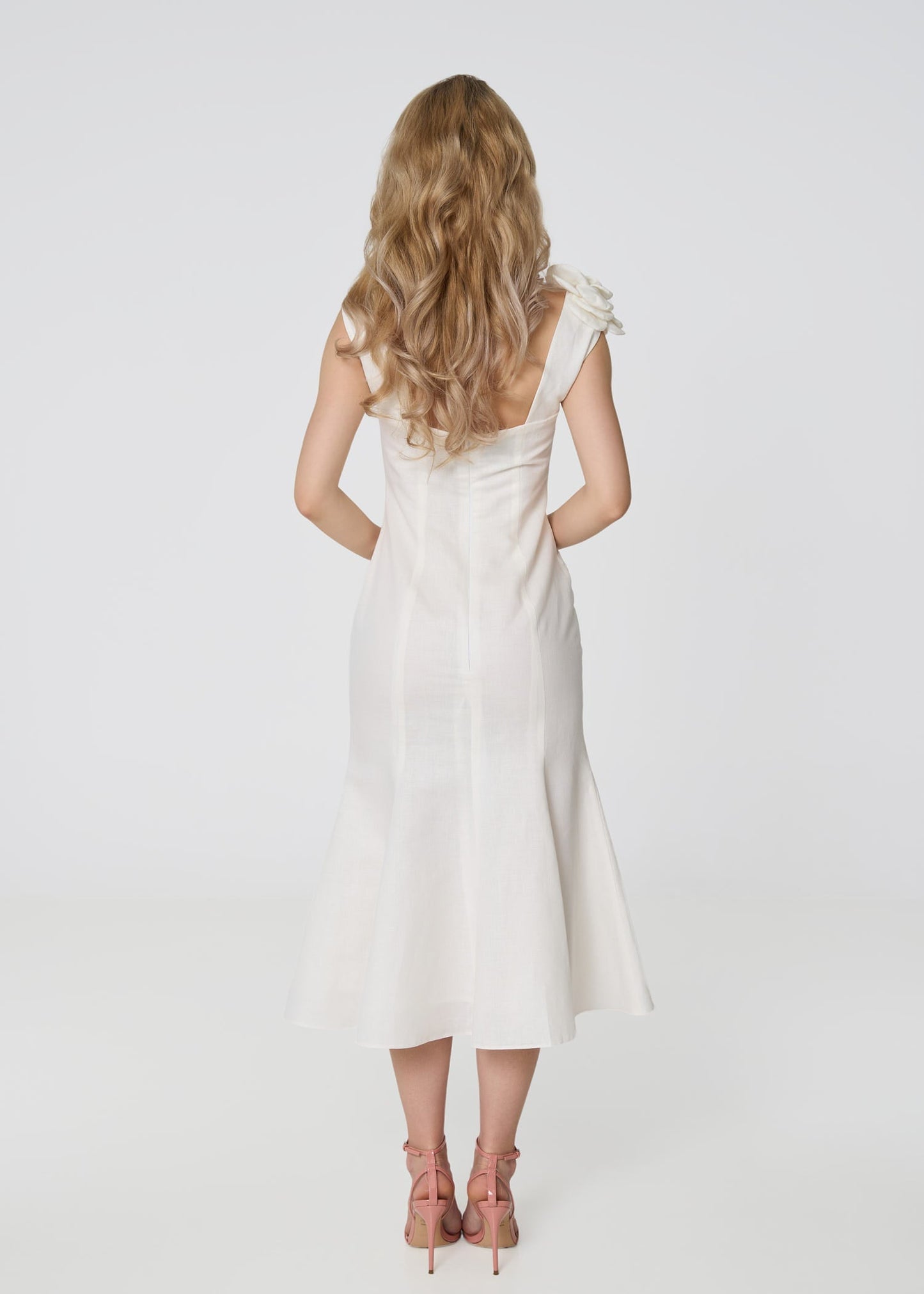 Rosette Elegance Linen Dress - Ivory - GIORGIA LUCASI