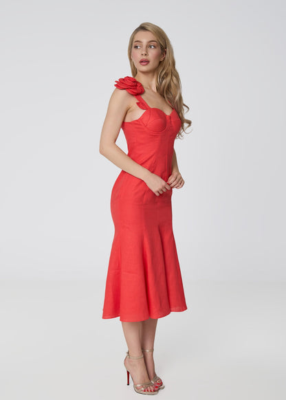 Rosette Elegance Linen Midi Dress - Coral - GIORGIA LUCASI