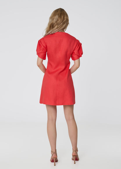 Rosette Linen Mini Dress - Coral - GIORGIA LUCASI