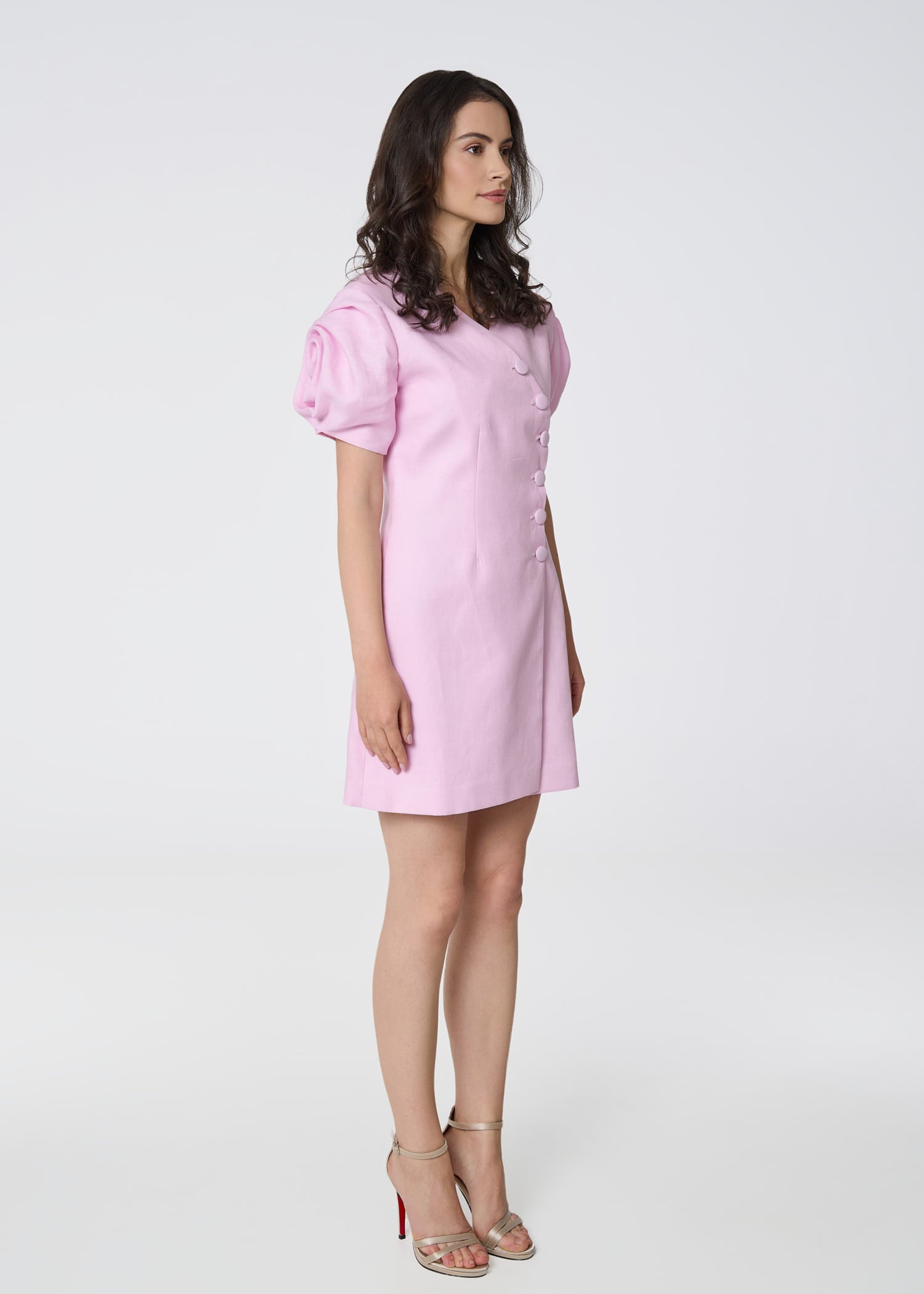 Rosette Linen Mini Dress - Pink - GIORGIA LUCASI