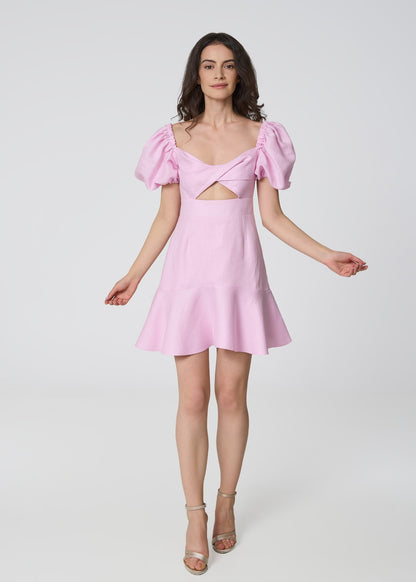 Sunlit Blossom Linen Mini Dress - Pink - GIORGIA LUCASI