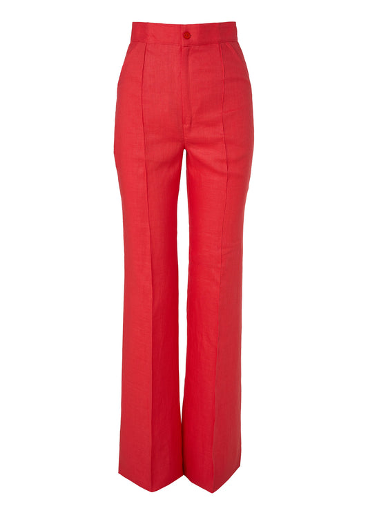 Linen High-Waist Flared Pants- Coral