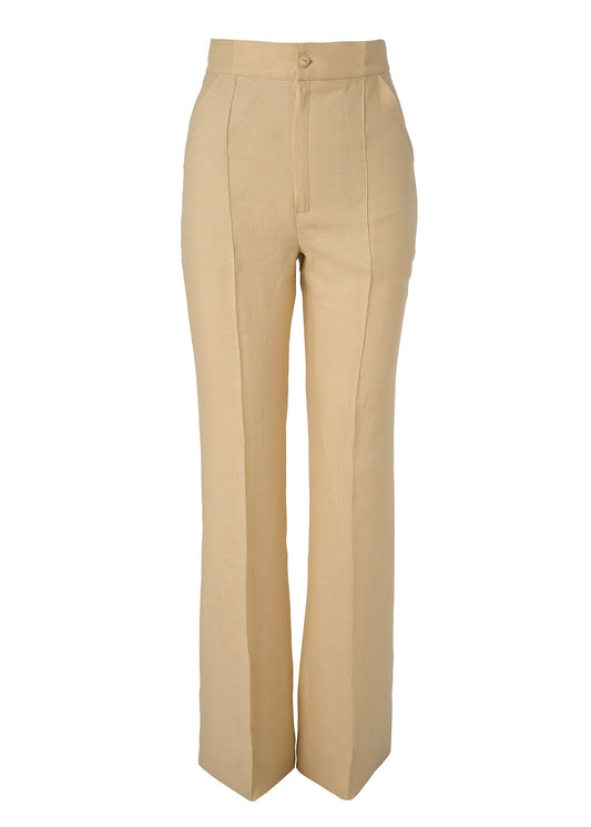 Linen High-Waist Flared Pants- Beige