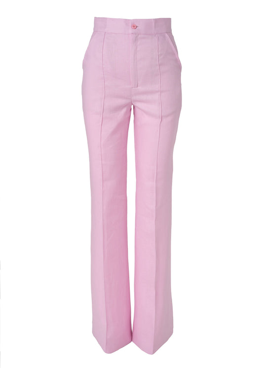 Linen High-Waist Flared Pants- Pink