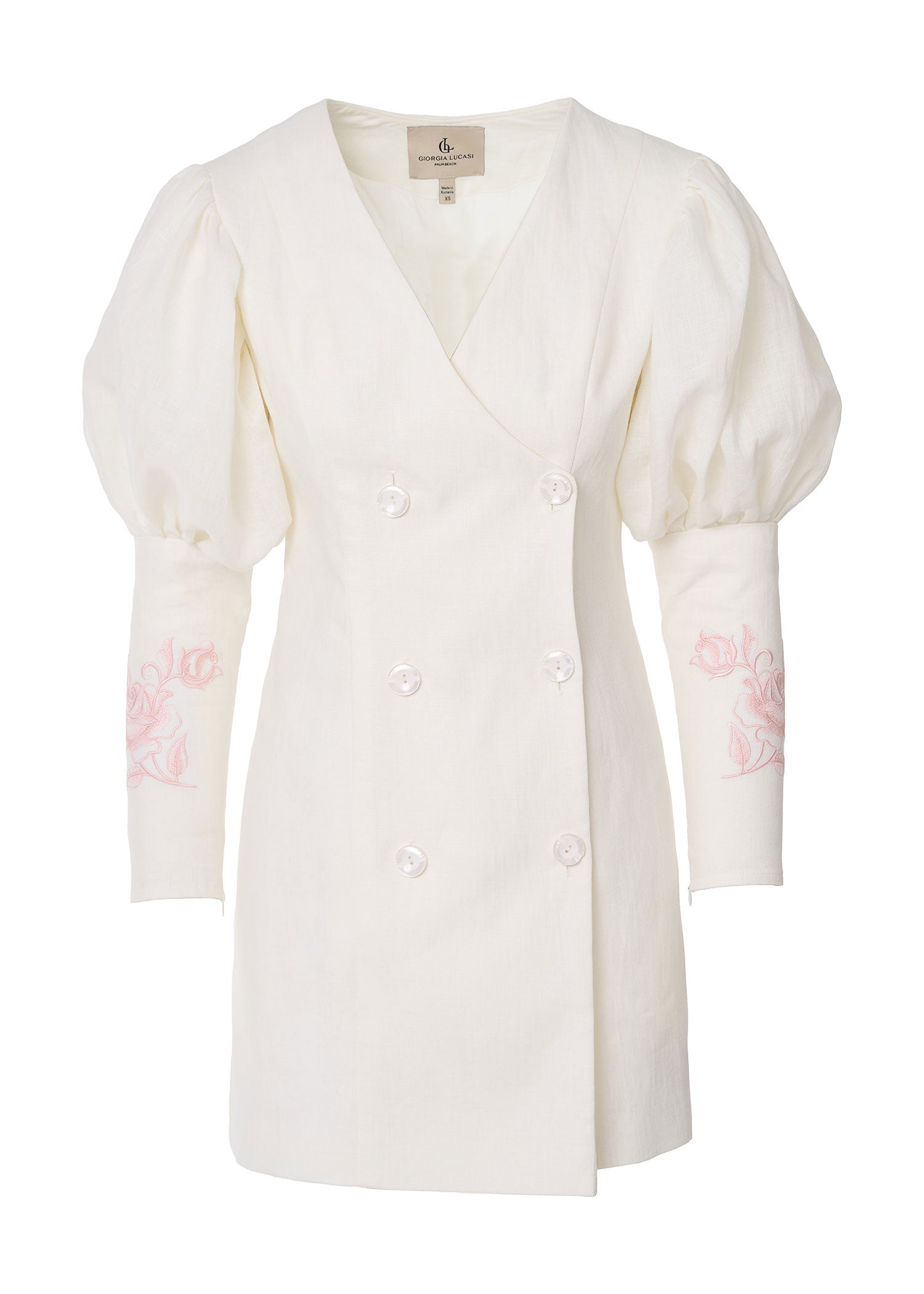 Rose Embroidered Linen Blazer Dress-Ivory