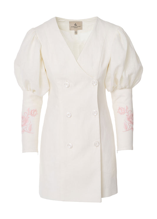 Rose Embroidered Linen Blazer Dress-Ivory