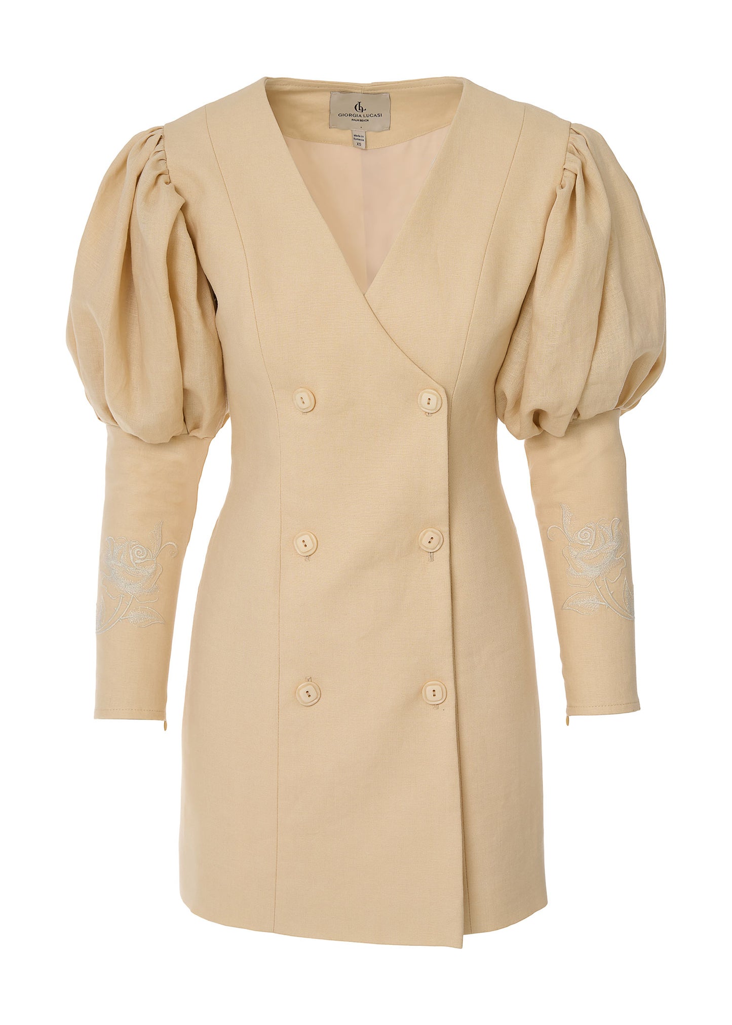 Rose Embroidered Linen Blazer Dress- Beige