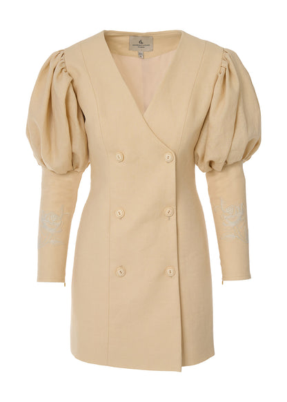 Rose Embroidered Linen Blazer Dress- Beige