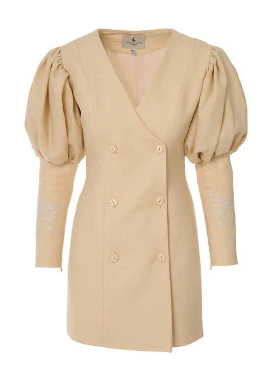 Rose Embroidered Linen Blazer Dress- Beige