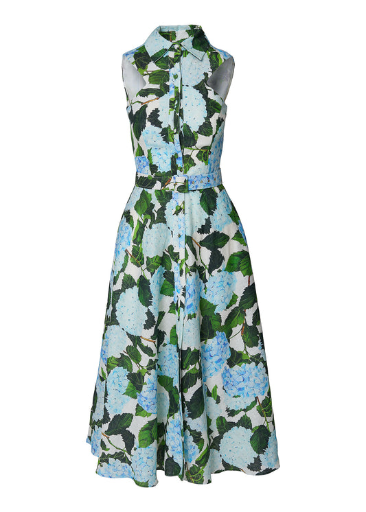 Elysian Grace Linen Dress-Blue Hydrangea Print