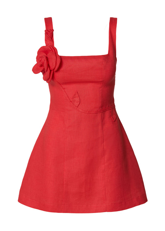Blooming Grace Linen Mini Dress- Coral