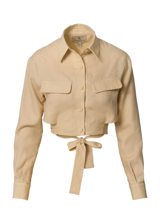 Linen Cropped Shirt with Tie Detail- Beige
