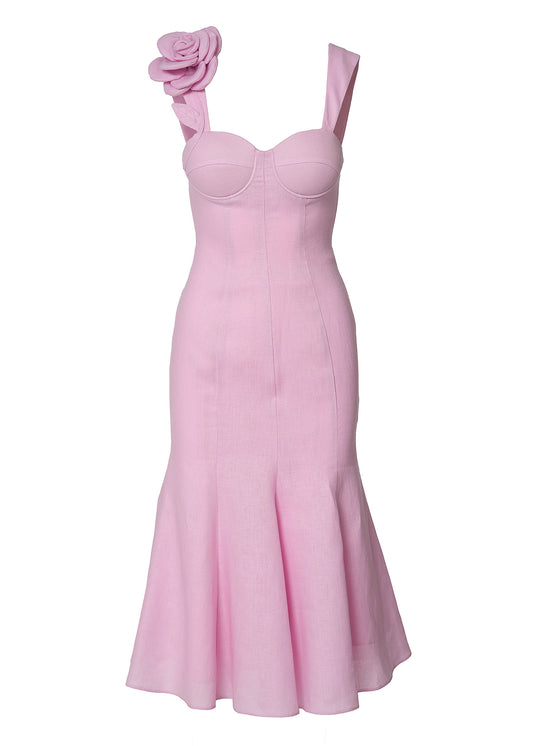 Rosette Elegance Linen Dress- Pink