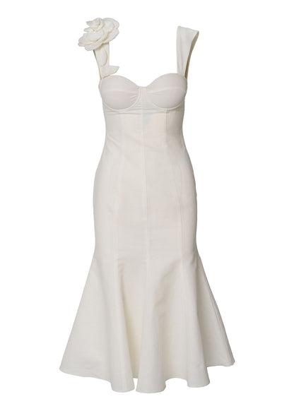Rosette Elegance Linen Dress- Ivory