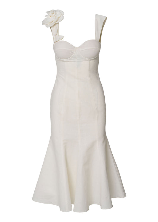 Rosette Elegance Linen Dress- Ivory