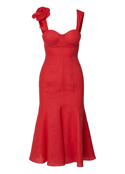 Rosette Elegance Linen Dress- Coral