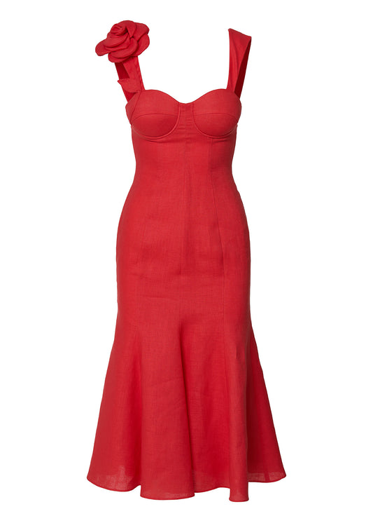 Rosette Elegance Linen Dress- Coral