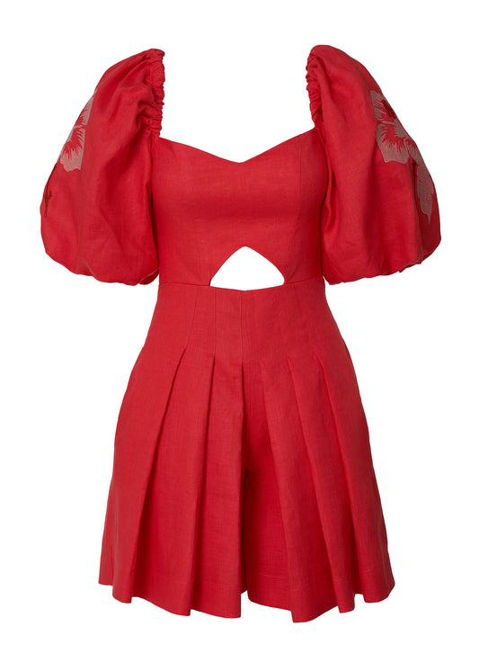 Hibiscus Allure Linen Overall-Coral
