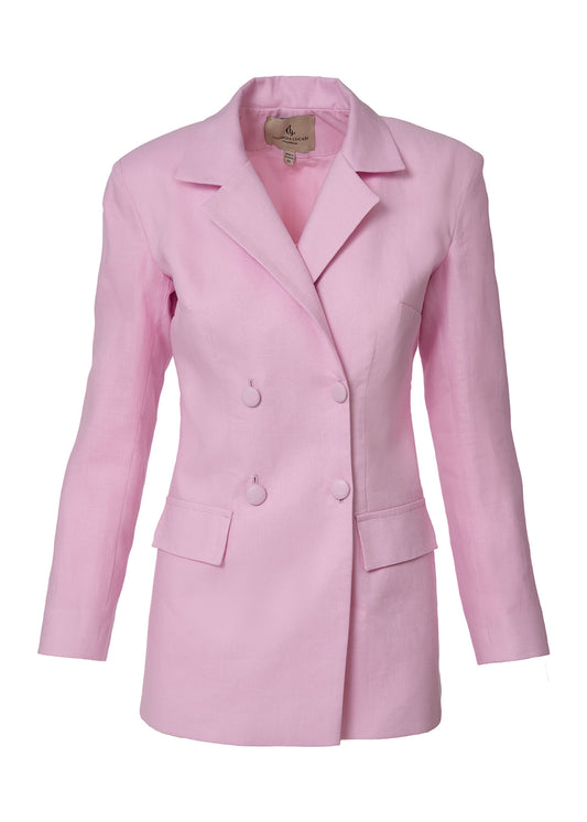 Elegant Double-Breasted Linen Blazer- Pink