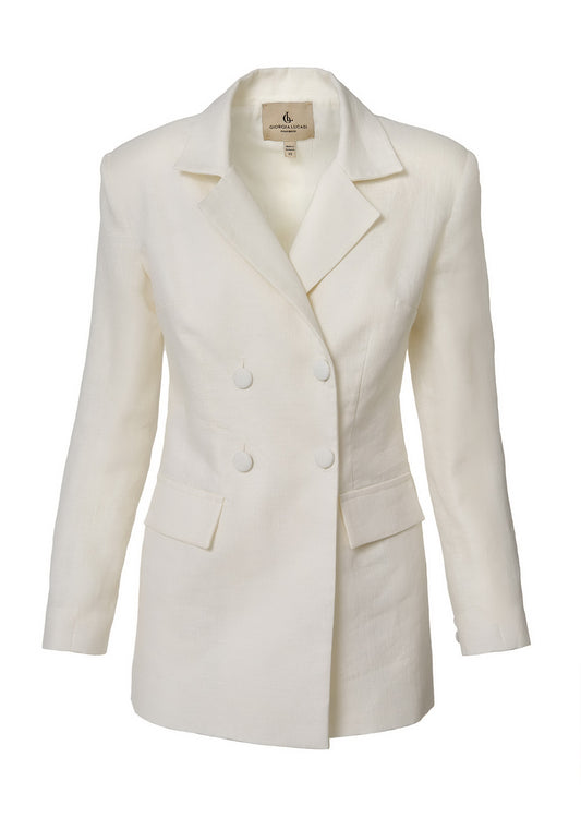 Elegant Double-Breasted Linen Blazer- Ivory