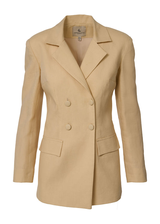 Elegant Double-Breasted Linen Blazer- Beige