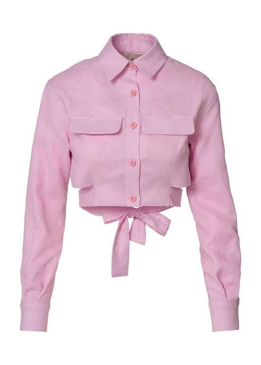 Linen Cropped Shirt with Tie Detail- Pink