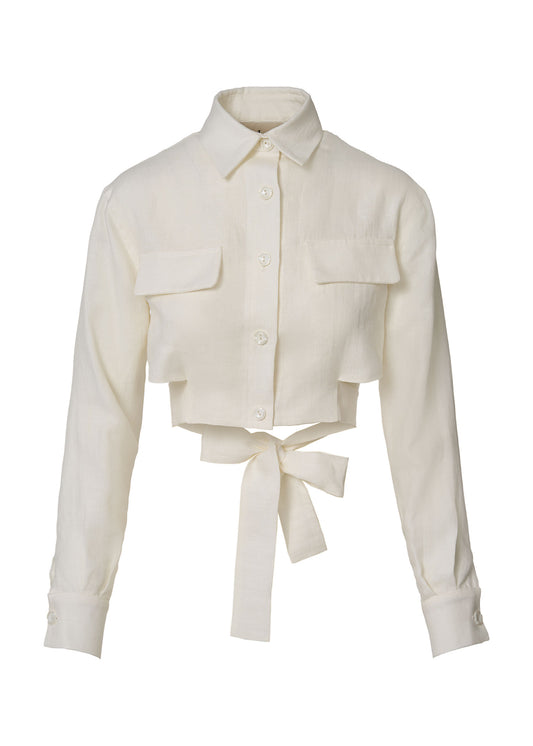 Linen Cropped Shirt with Tie Detail- Ivory