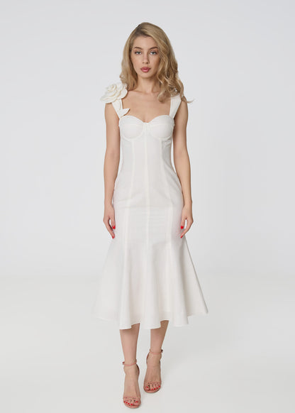 Rosette Elegance Linen Dress- Ivory