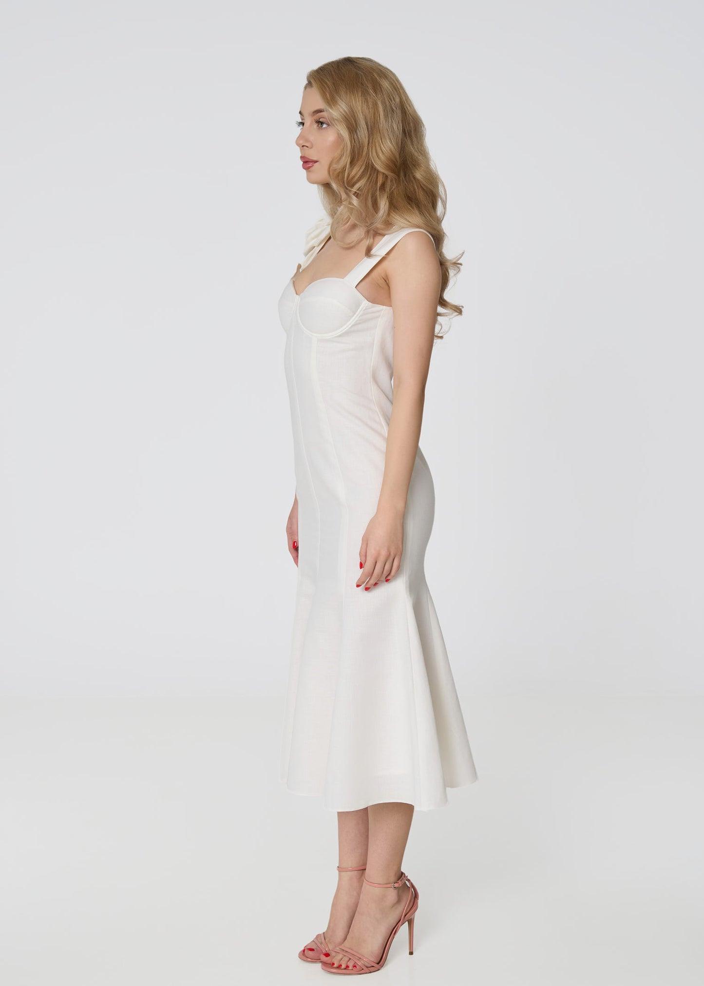 Rosette Elegance Linen Dress- Ivory