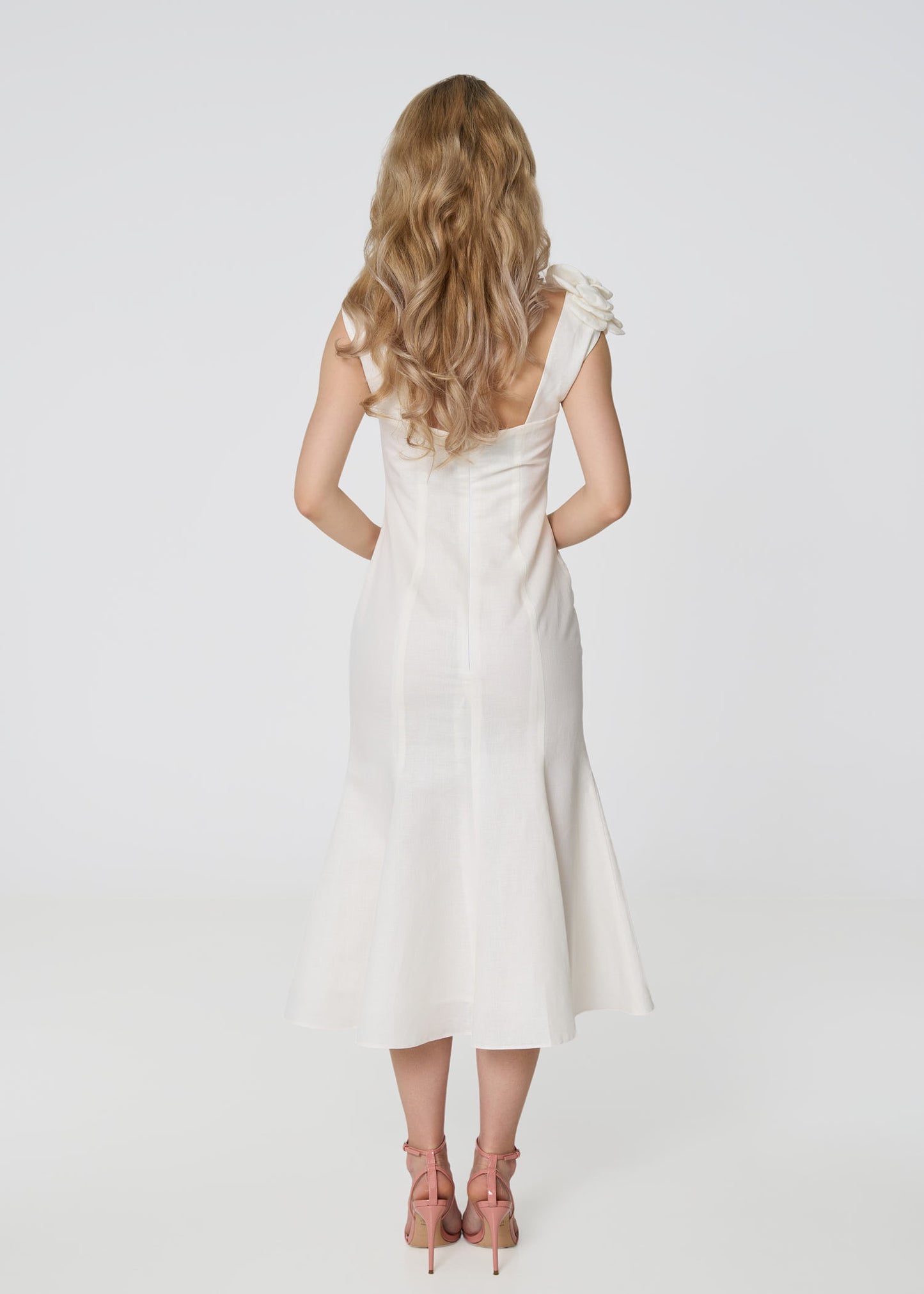 Rosette Elegance Linen Dress- Ivory