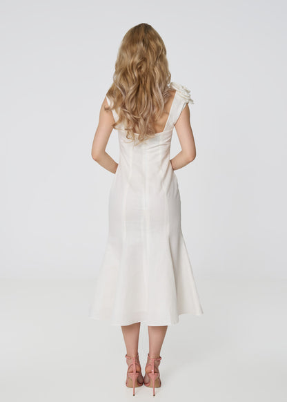 Rosette Elegance Linen Dress- Ivory