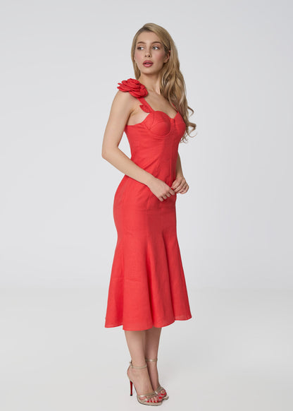 Rosette Elegance Linen Dress- Coral