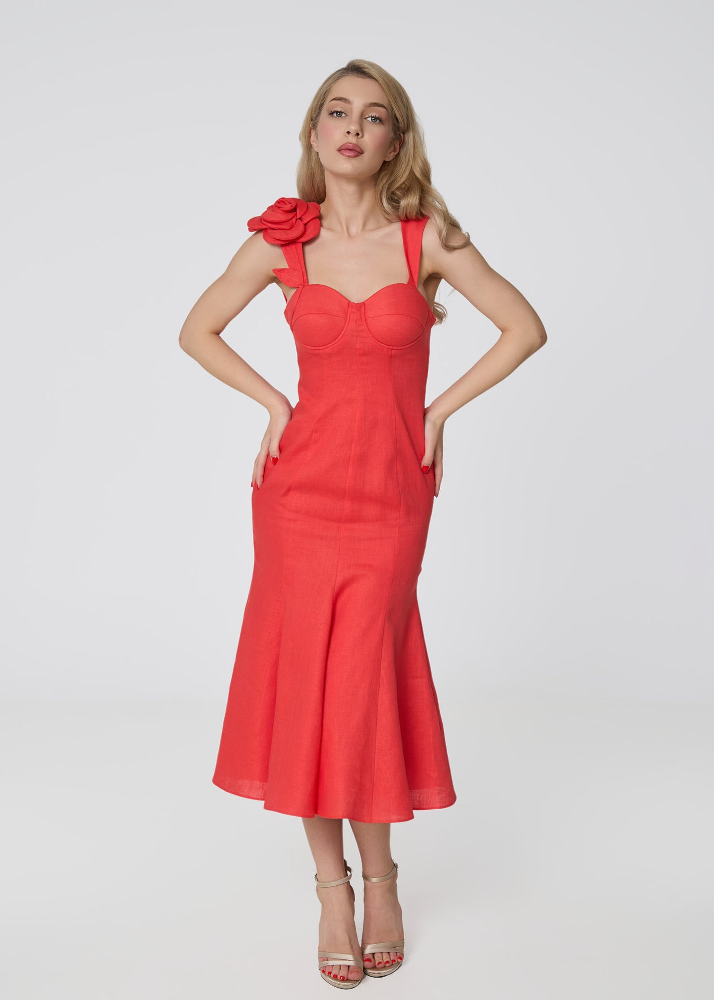 Rosette Elegance Linen Dress- Coral