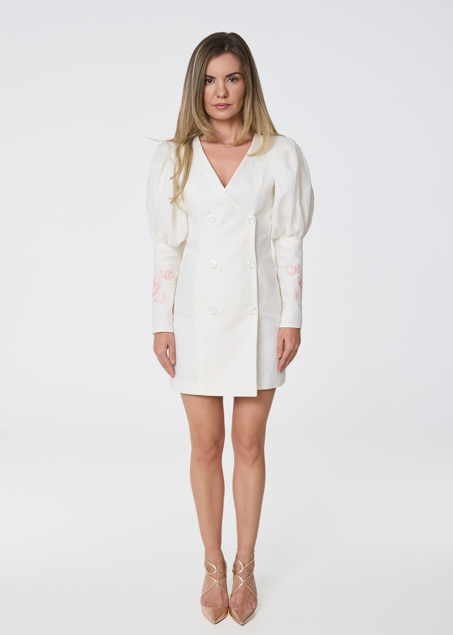 Rose Embroidered Linen Blazer Dress-Ivory