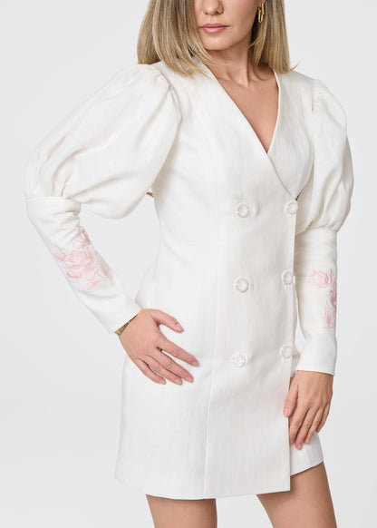 Rose Embroidered Linen Blazer Dress-Ivory