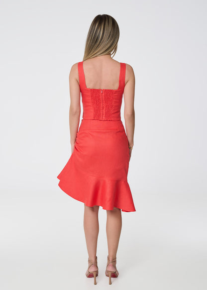 Asymmetrical Ruffled Linen Skirt- Coral