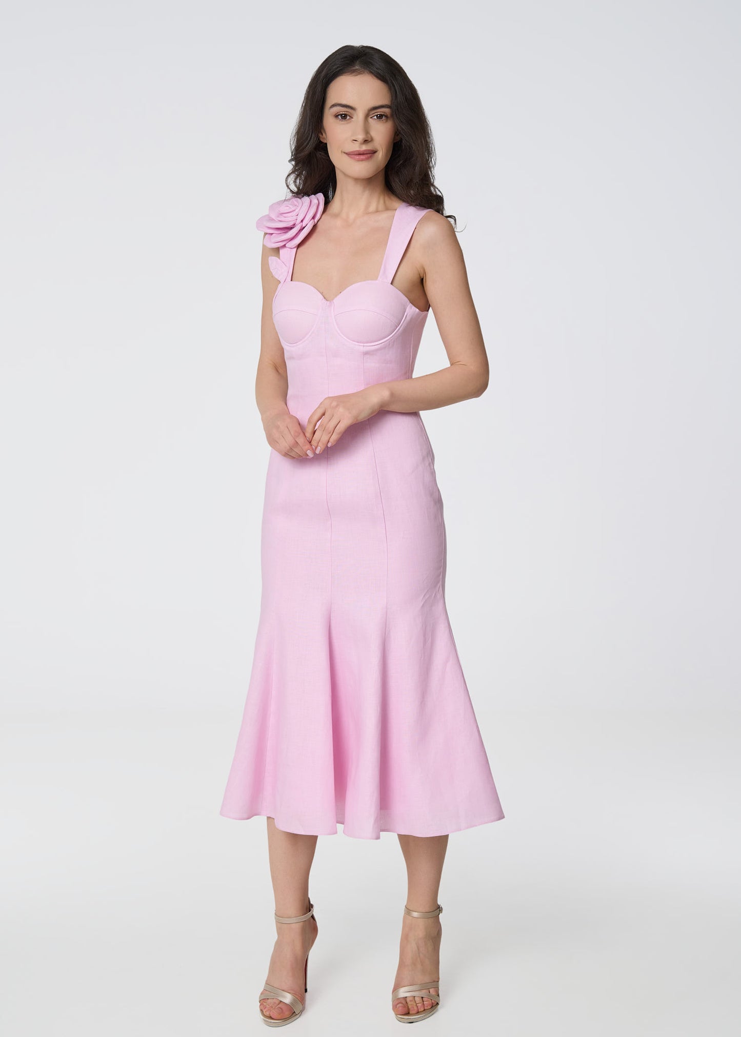 Rosette Elegance Linen Dress- Pink