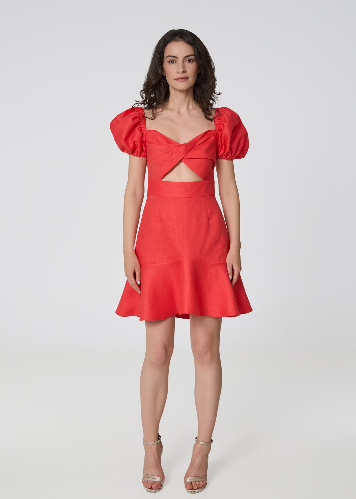 Sunlit Blossom Linen Mini Dress-Coral