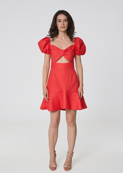 Sunlit Blossom Linen Mini Dress-Coral