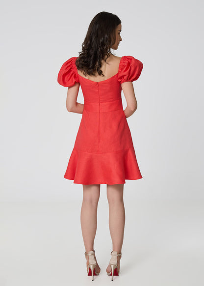 Sunlit Blossom Linen Mini Dress-Coral