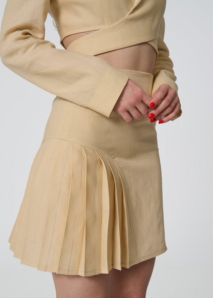 Linen Pleated Mini Skirt- Beige