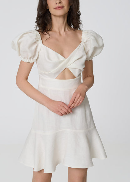 Sunlit Blossom Linen Mini Dress- Ivory