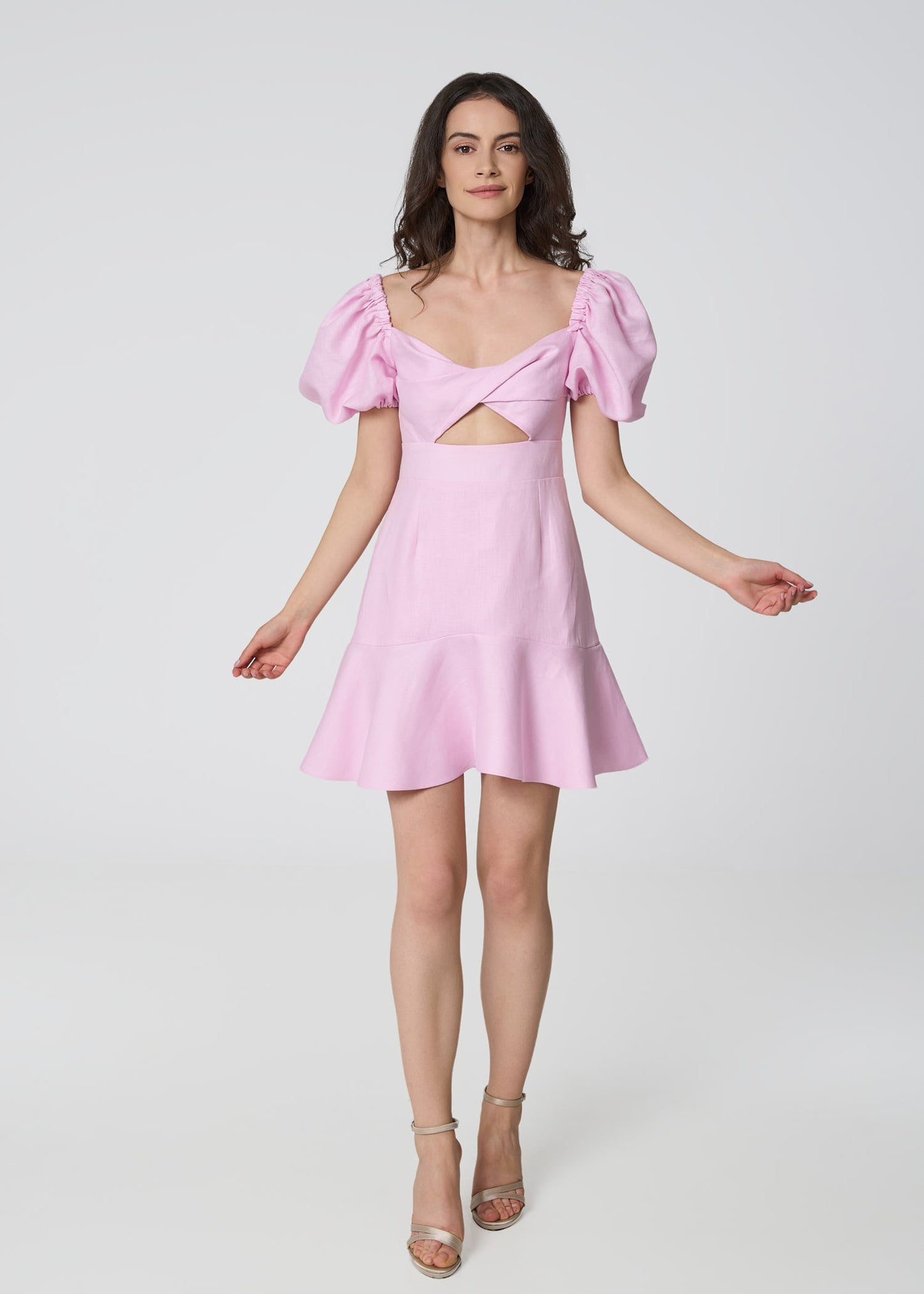 Sunlit Blossom Linen Mini Dress-Pink