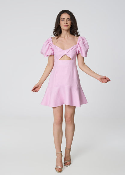 Sunlit Blossom Linen Mini Dress-Pink