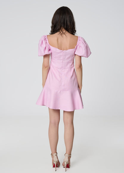 Sunlit Blossom Linen Mini Dress-Pink